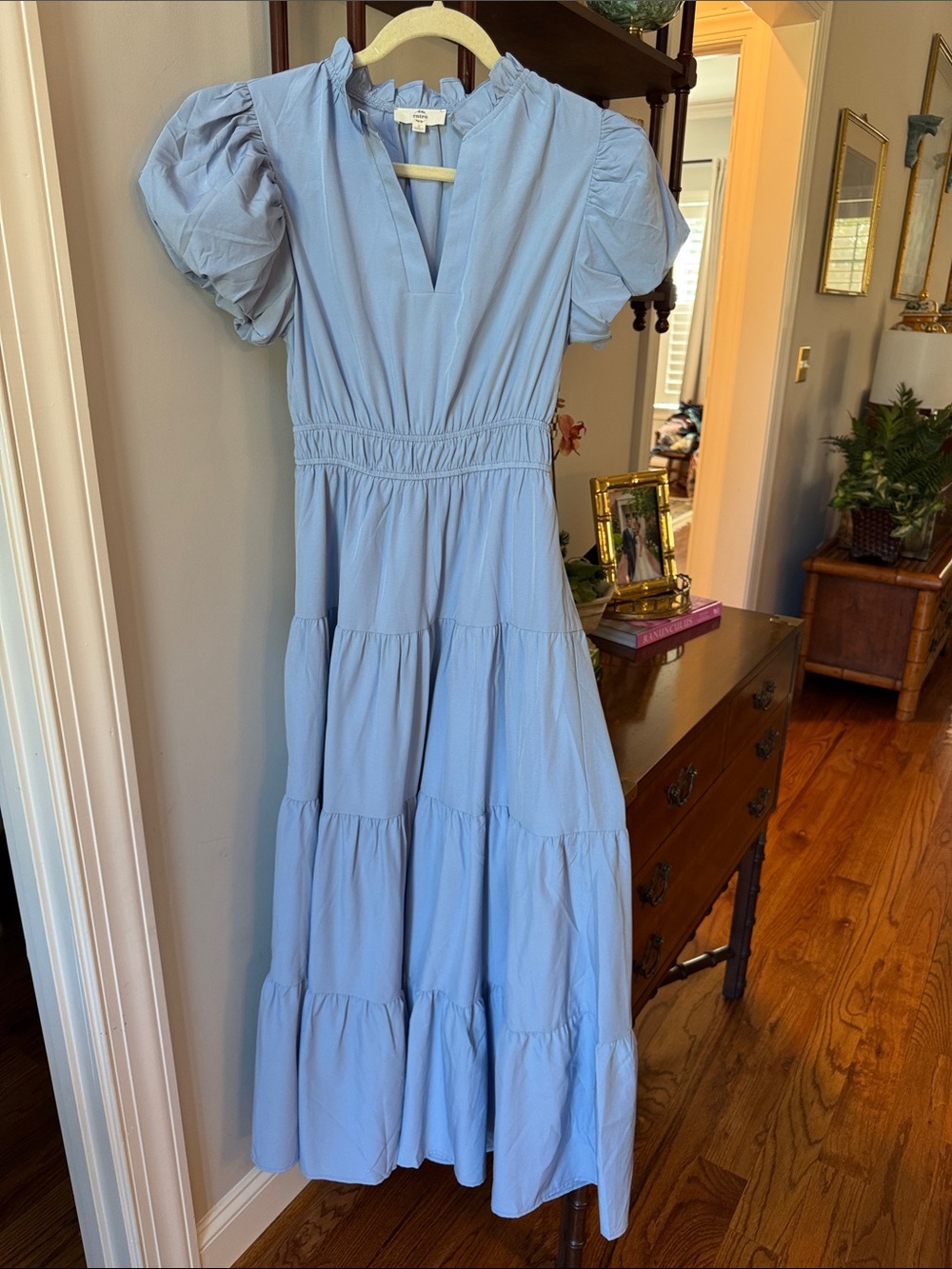 entro Light Blue Tiered Maxi Dress with Puff Sleeves